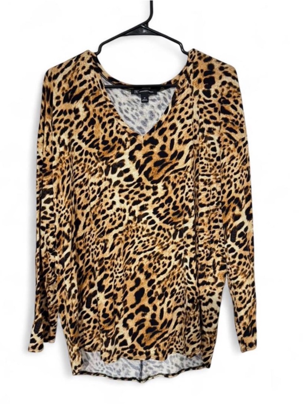 INC International Concepts Leopard Print V-Neck Long Sleeve Top - Brown Black